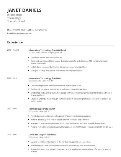 Information Technology Specialist Lead Resume