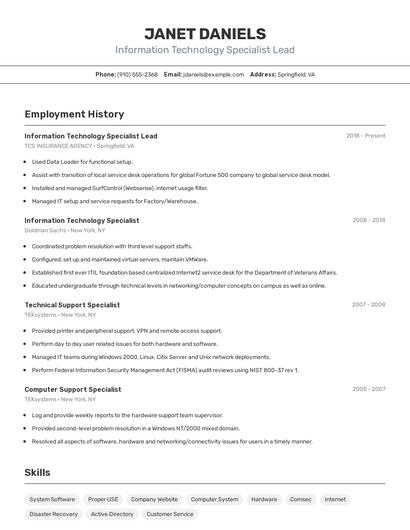 Information Technology Specialist Lead Resume