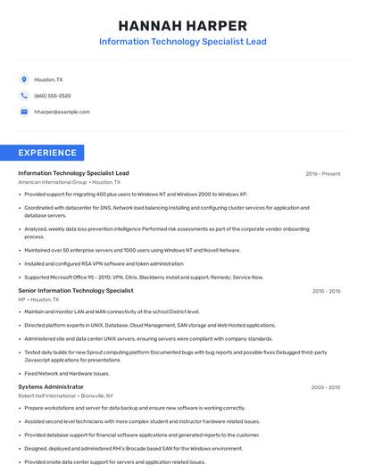 Information Technology Specialist Lead Resume