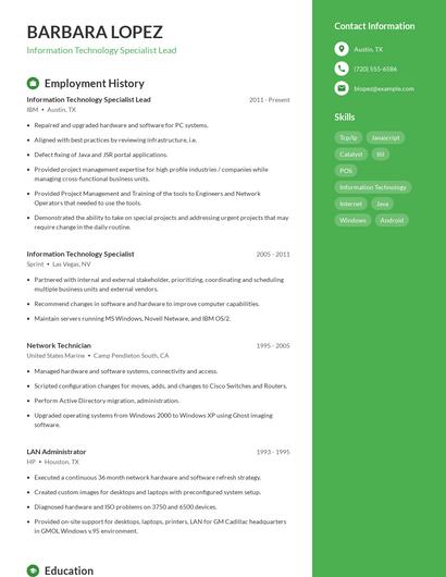 Information Technology Specialist Lead Resume