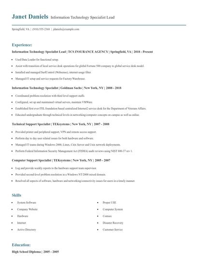 Information Technology Specialist Lead Resume