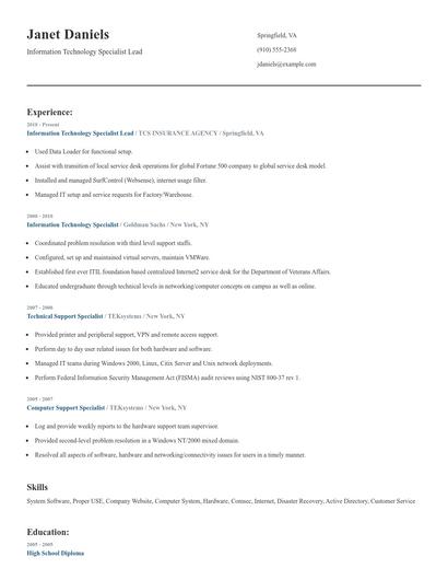 Information Technology Specialist Lead Resume