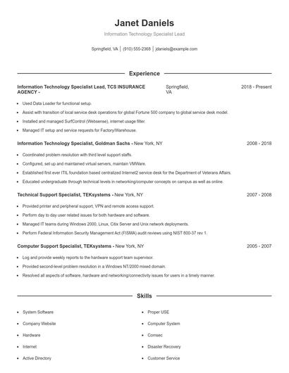 Information Technology Specialist Lead Resume
