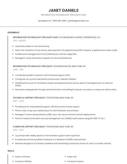 Information Technology Specialist Lead Resume