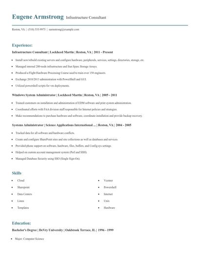 Infrastructure Consultant Resume