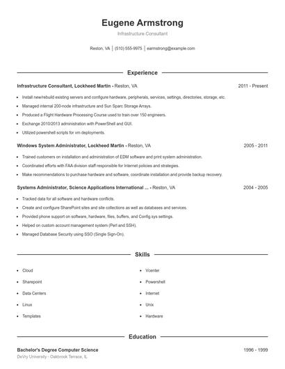 Infrastructure Consultant Resume