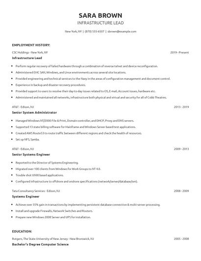Infrastructure Lead Resume