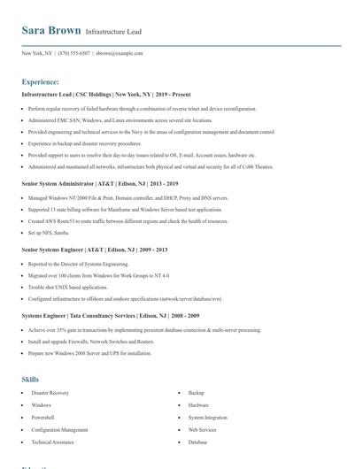 Infrastructure Lead Resume