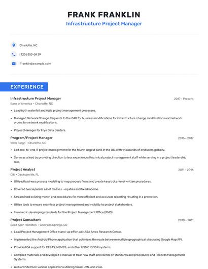 Infrastructure Project Manager Resume
