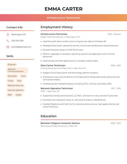 Infrastructure Technician Resume