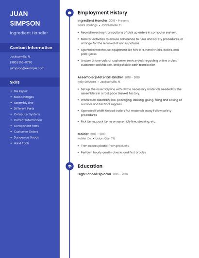 Ingredient Handler Resume
