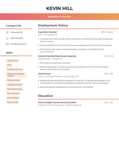 Ingredient Handler Resume