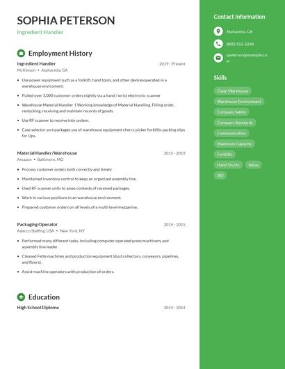 Ingredient Handler Resume