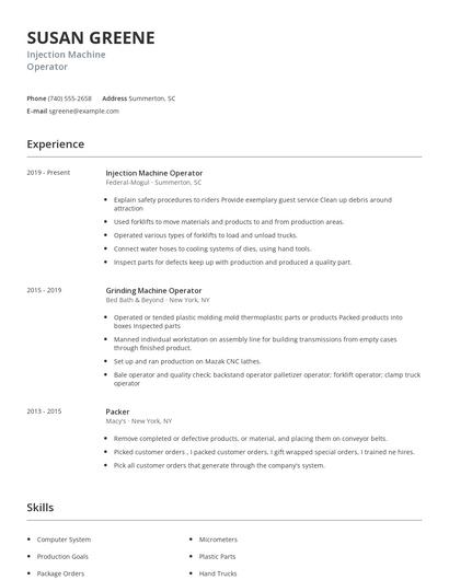 Injection Machine Operator Resume