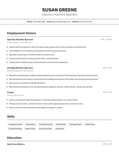 Injection Machine Operator Resume