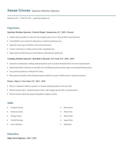 Injection Machine Operator Resume