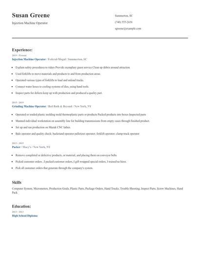 Injection Machine Operator Resume