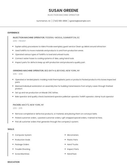 Injection Machine Operator Resume