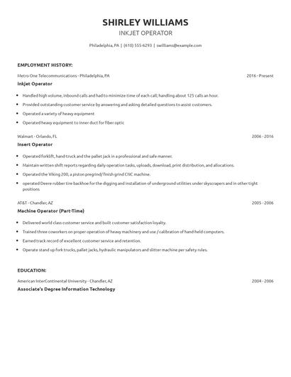Inkjet Operator Resume
