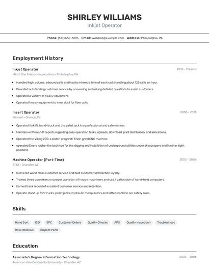 Inkjet Operator Resume