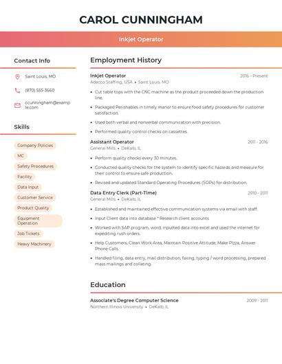 Inkjet Operator Resume