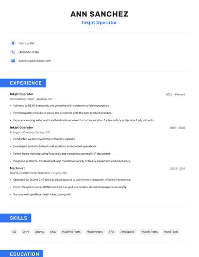 Inkjet Operator Resume
