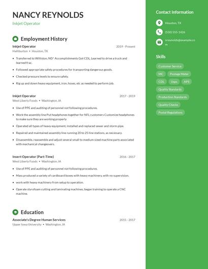 Inkjet Operator Resume