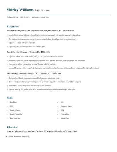 Inkjet Operator Resume