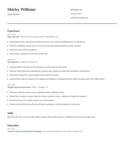Inkjet Operator Resume