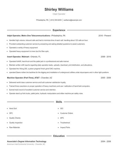 Inkjet Operator Resume