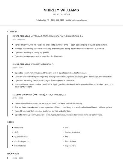 Inkjet Operator Resume