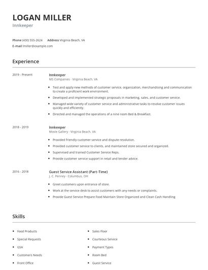 Innkeeper Resume