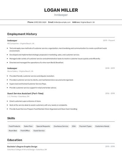 Innkeeper Resume