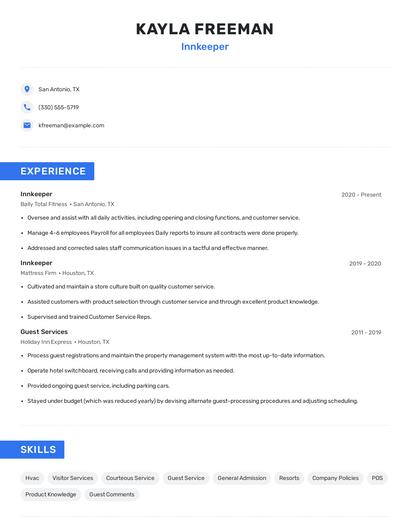 Innkeeper Resume
