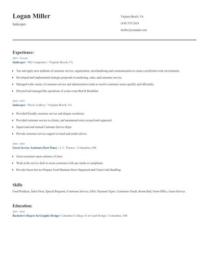 Innkeeper Resume