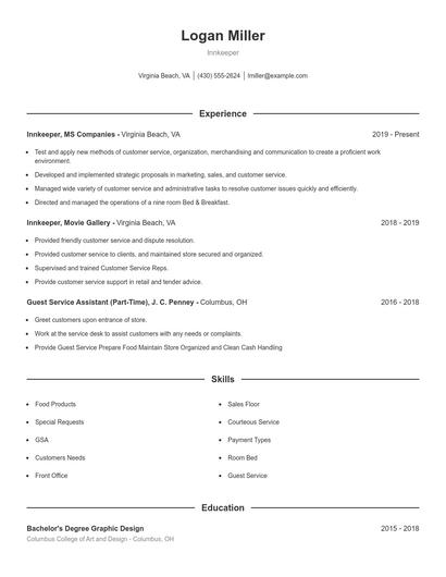Innkeeper Resume