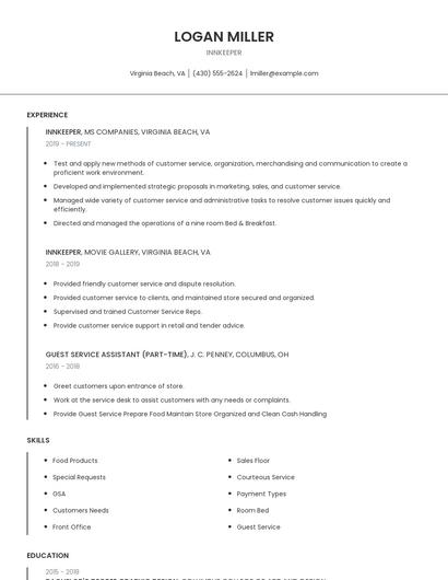 Innkeeper Resume
