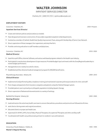 Inpatient Services Director Resume