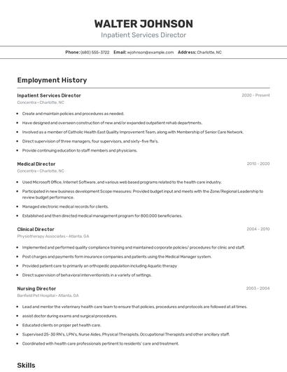 Inpatient Services Director Resume