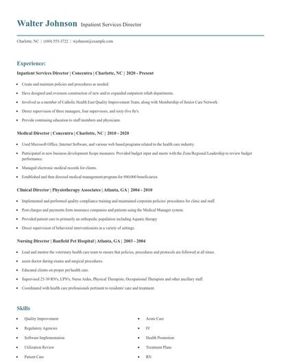 Inpatient Services Director Resume