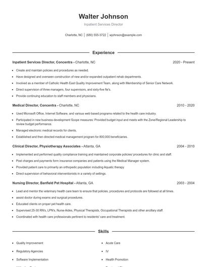 Inpatient Services Director Resume
