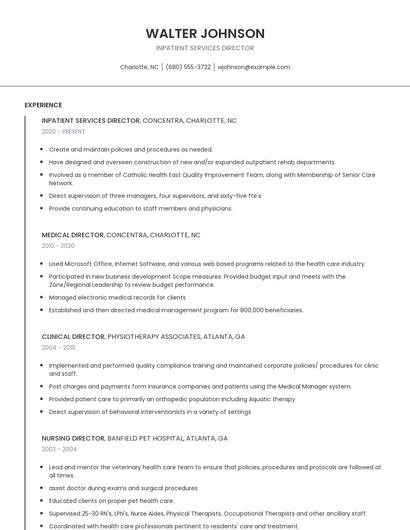 Inpatient Services Director Resume