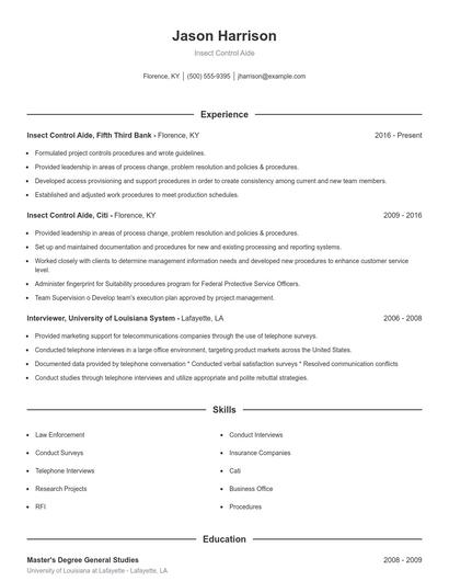 Insect Control Aide Resume