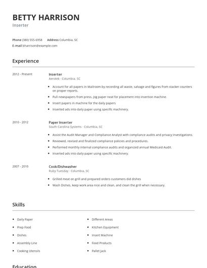 Inserter Resume