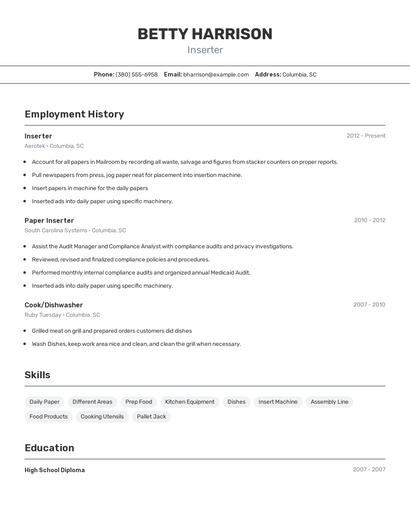 Inserter Resume