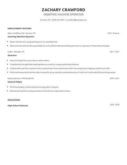 Inserting Machine Operator Resume