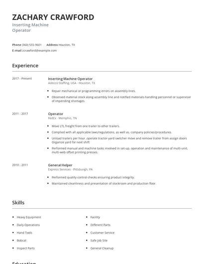Inserting Machine Operator Resume