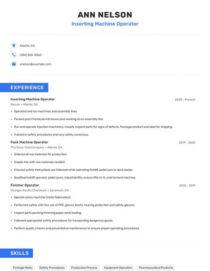 Inserting Machine Operator Resume