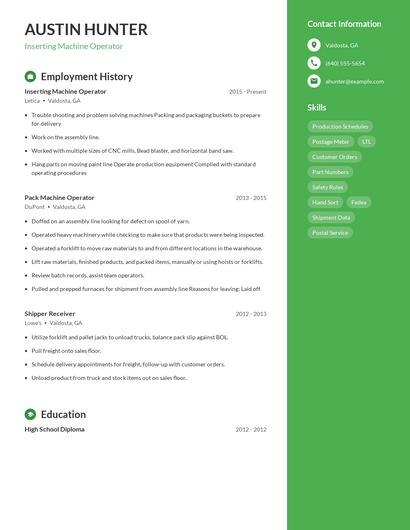 Inserting Machine Operator Resume
