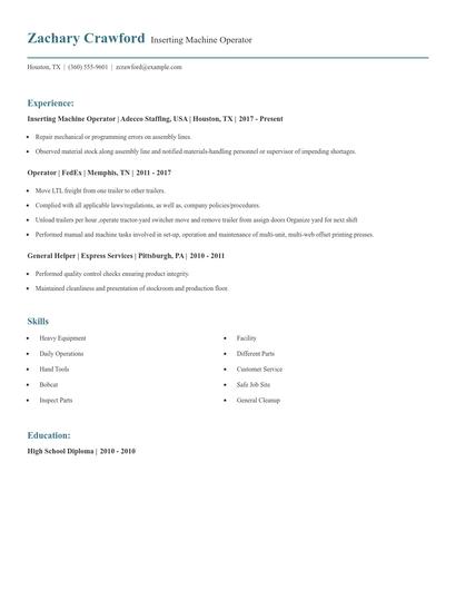 Inserting Machine Operator Resume